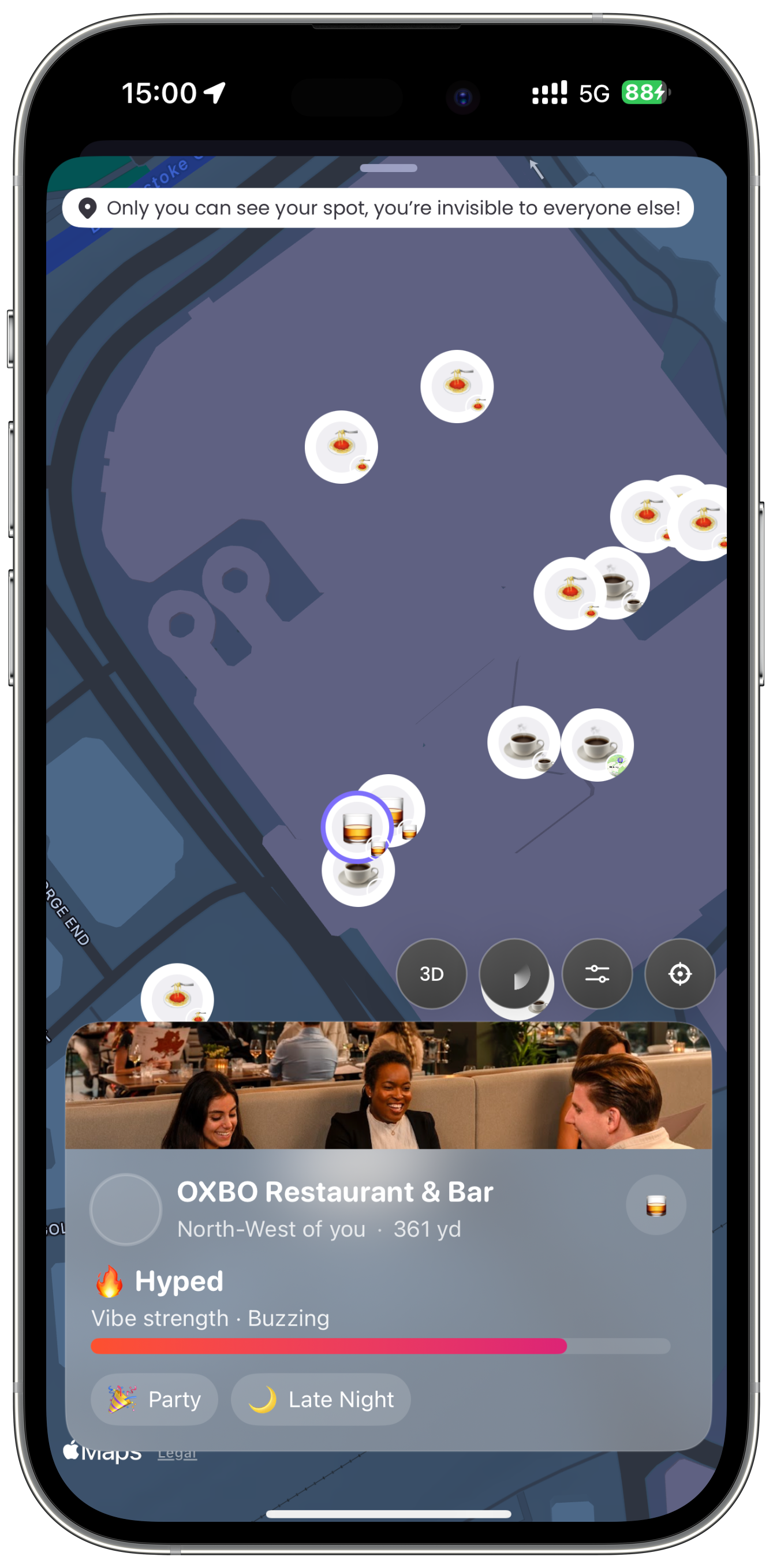 VYBZ app Map View showing business card feature